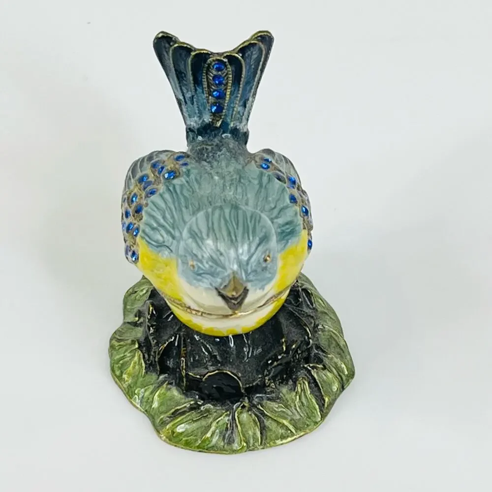 VTG Enameled Metal BLUE BIRD TRINKET BOX Crystal Rhinestone 3.2